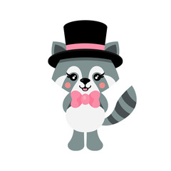 cartoon cute raccoon with hat and tie