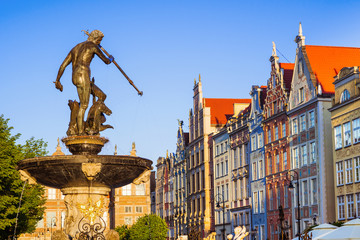 Poland, Gdansk, Famous Neptune fountain at sunset . Famous travel destination in Europe