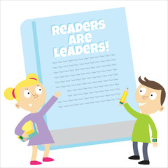 Two cute students standing in front of a big blue book. Template.