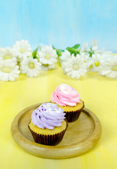 Tasty cupcakes with  whipping cream