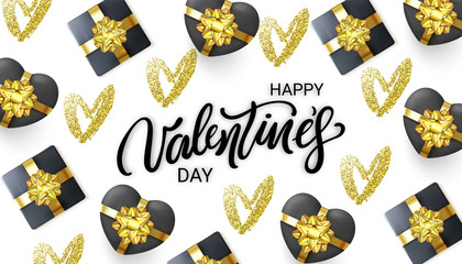 Happy Valentine's Day banner with a lettering, Gift Boxes and gold glitter Hearts isolated on white background. Black Heart in a shape of Gift Box.