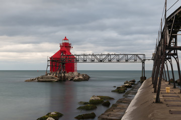 Fototapeta na wymiar Red Lighthouse on Lake Michigan in Sturgeon Bay, Wisconsin