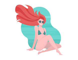 Obraz na płótnie Canvas Young slim red-haired woman in separate bikini sits on ground with her legs crossed. Long hair fluttering in wind. Modern flat illustration with textures in cartoon style on abstract sea background.