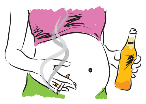 mom pregnant drinking beer and smoking illustration