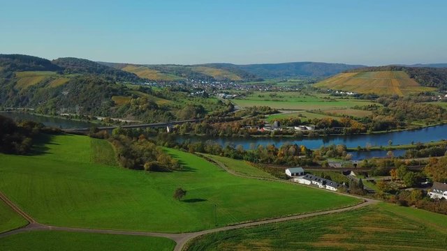 Aerial view of Saar River near Ayl in autumn, Saar Valley near Saaburg, Rhineland-Palatinate, Germany