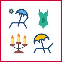 4 sand icon. Vector illustration sand set. swimsuit and sunbed icons for sand works