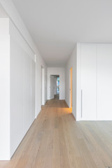 Corridor with built-in wardrobes, white walls and parquet