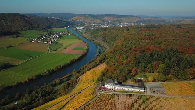 Aerial view of the vineyard estate Saarstein near Serrig, Saar River, Saar Valley near Saarburg, Rhineland-Palatinate, Germany