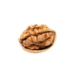 Cracked walnut on white background. Top views of kernel halves. Seeds of the common walnut tree Juglans regia, used as snack and for baking.