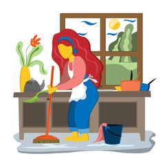 Young woman cleaned the house in the kitchen. Clean the kitchen for cleanliness. Illustration in flat style.