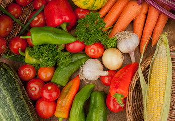 Different vegetables on table. Natural harvest. Organic products. Healthy diet. Top view.