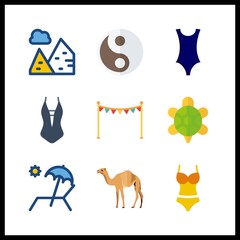 9 sand icon. Vector illustration sand set. sunbed and camel icons for sand works