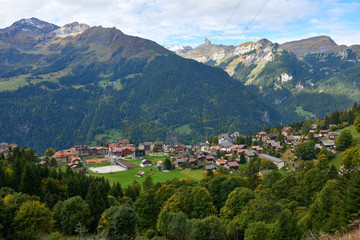 Fototapeta na wymiar Mountain scenery with Wengen village in Switzerland.