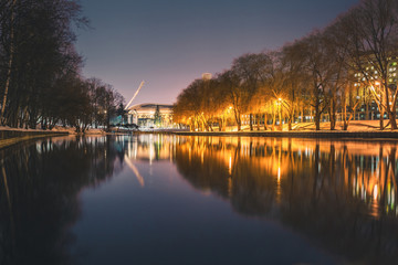 Night view of the river and Dynamo Stadium in Minsk - European Games 2019