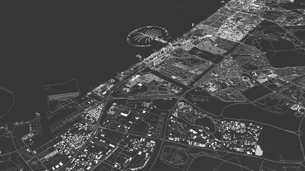 Mappa satellitare di Dubai, Emirati Arabi Uniti, strade della città. Stradario e mappa del centro città. 3d rendering