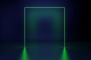 Glowing lines, neon lights, virtual reality, abstract background, square portal, arch, pink green spectrum vibrant colors, laser show. 3d rendering