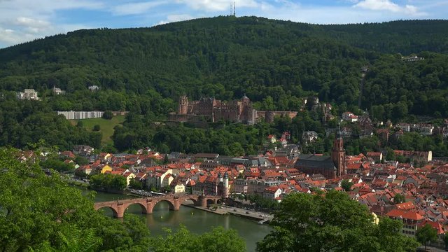 View from Philosophenweg to Heidelberg with Neckar River, Castle and Old Bridge, Heidelberg, Baden-Wurttemberg, Germany, Europe