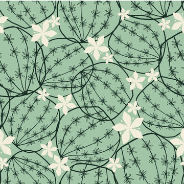 Round blooming cactus hand drawn line art doodle style seamless pattern in dark on soft green and white color. Vector.