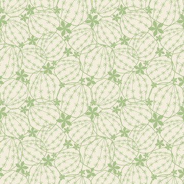 Round blooming cactus hand drawn line art doodle style seamless texture pattern in monochrome green on beige natural tone background. Vector