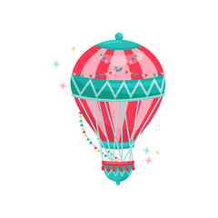Obraz premium Flying hot air balloon decorated with colorful bunting flags. Amusement park. Entertainment theme. Flat vector icon