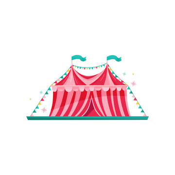 Small red-pink circus tent decorated with bunting flags. Amusement park element. Entertainment theme. Flat vector icon