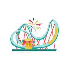 Roller coaster and small ticket booth. Extreme funfair attraction. Equipment of amusement park. Flat vector design