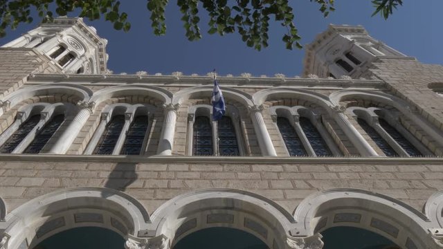 Slider shot of facade of Church St. Irene, Athens, Greece, Europe