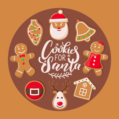 Cookie for Santa Claus poster with Christmas sweets vector. Winter holiday celebration, belts and houses, bells and home, reindeer character cone shape