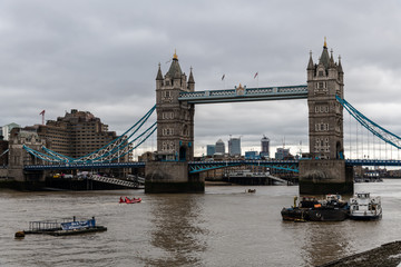 London Tower Bridge. The bridge is a combined bascule and suspension bridge in London built between...