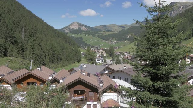 View over Selva di Val Gardena / Wolkenstein in Groden town, Province of Bolzano, Dolomites, Italy, Europe