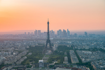 Sunset aerial view of the famous Eiffel Tower