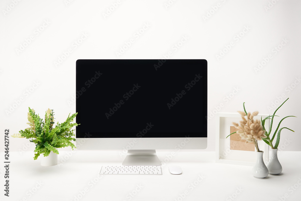 Wall mural workplace with green plants and desktop computer with copy space isolated on white