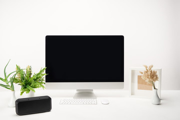workplace with wireless speaker, plant and desktop computer with copy space isolated on white