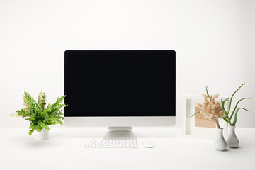 workplace with green plants and desktop computer with copy space isolated on white
