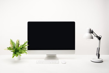 workplace with lamp, green plant and desktop computer with copy space isolated on white