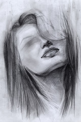 portrait of a girl, face. hair. blind. sketch. pencil drawing - 246427914