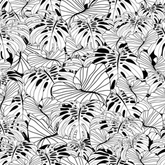 Vector line art tropical leaves forest seamless pattern, black white, illustration