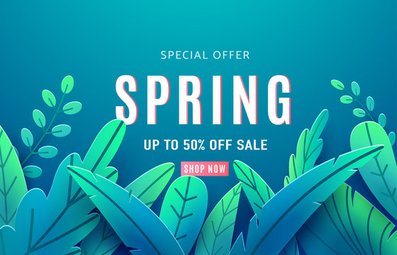 Spring sale background banner with beauty fantasy leaves. Paper cut style isolated on light backdrop. Vector illustration springtime template for flyers, posters, brochure, wallpaper, voucher discount