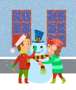Children building snowman, kids having fun outdoors winter holidays vector. Kids wearing warm clothes, seasonal vacations and holidays child snowfall