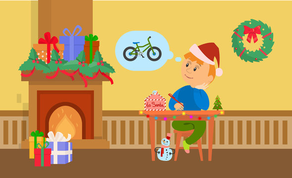 Christmas holidays small boy writing letter to Santa Claus vector. Fireplace with presents and gifts, kid wishing for bicycle, wreath decoration of home