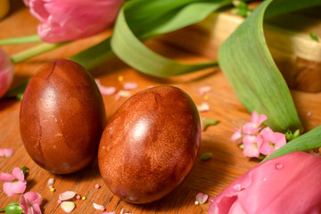 Close up beautiful naturally colored Easter eggs on wooden table with pink flowers. Eggs painted with onion skins. Easter holiday concept. 
