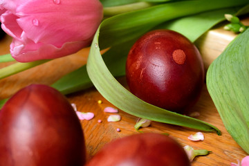 Close up three beautiful naturally colored Easter eggs on wooden table with pink flowers. Eggs painted with onion skins. Easter holiday concept. 