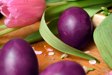 Violet Easter eggs on wooden table with pink flowers. Easter holiday concept. 