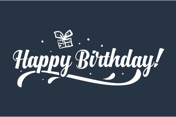 Happy Birthday card. Beautiful greeting banner lettering calligraphy inscription. Holiday phrase white text, word, gift. Hand drawn design. Handwritten modern brush blue background isolated.
