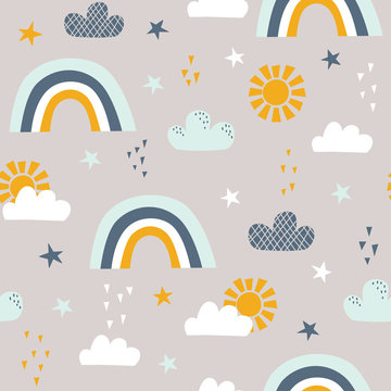 Seamless childish pattern with sun, rainbow, clouds and stars