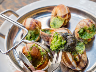 Close up shot of delicious grill snails