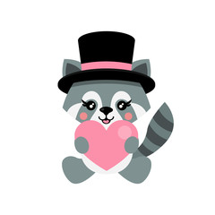 cartoon cute raccoon with hat and heart sits