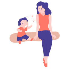 A young mother and her son are talking on the bench. The child emotionally tells the story. Family communication. Trendy illustration on a white background.