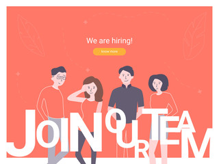 We are hiring concept banner. Can use for web banner, infographics, hero images. Group of colleagues invites to join the team. Illustration on red background