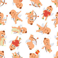 Cupid angel love character seamless vector pattern for Valentine day or wedding dating Amur in different poses Eros greek mythology god or cherub baby with bow and arrow textile on white background